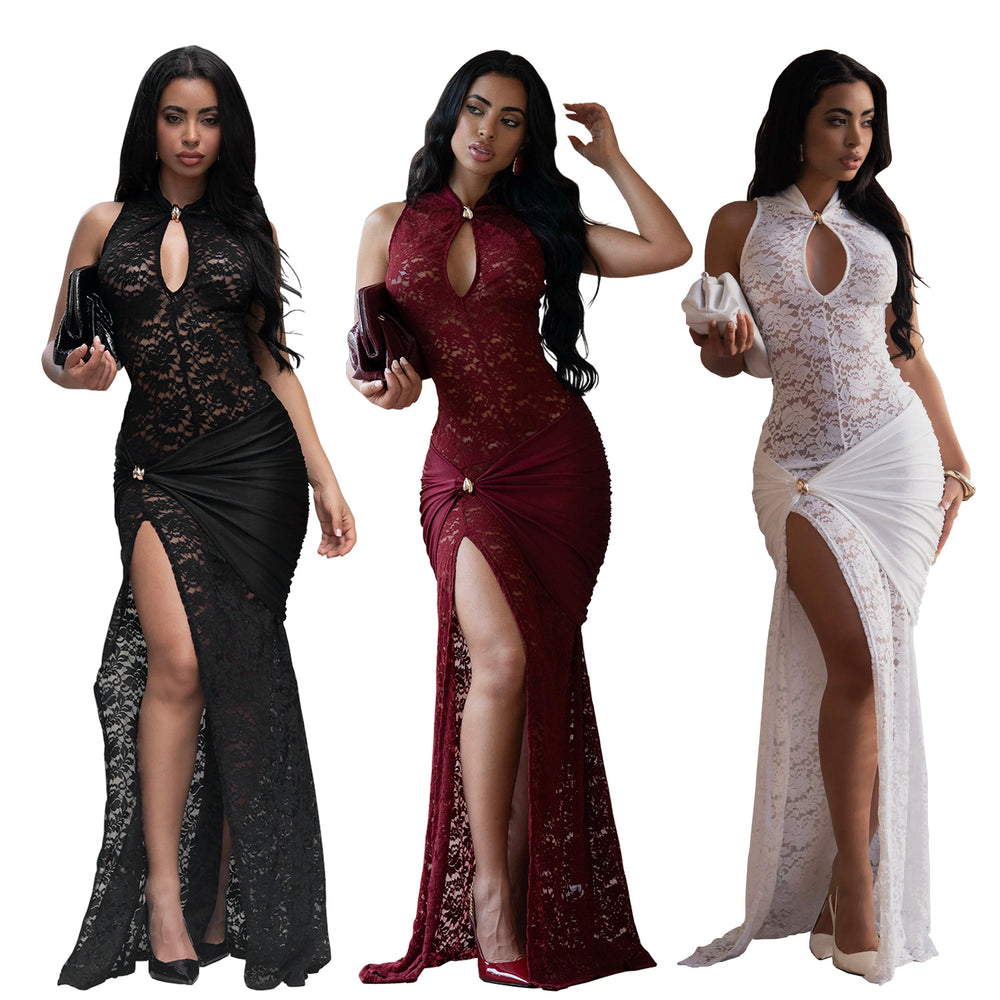 C7641 cross-border   fashion women's sexy lace hollow-out slit bodycon dress