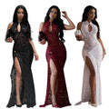 C7641 cross-border   fashion women's sexy lace hollow-out slit bodycon dress