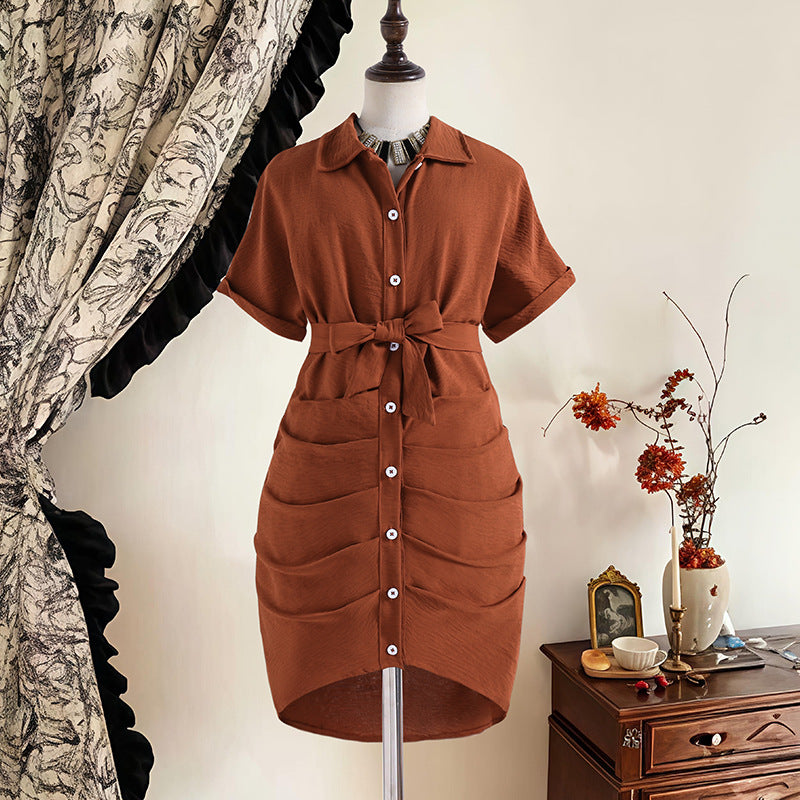 Exportgirldress spring and summer new arrival cross-border casual lapel single-breasted tie back waist short-sleeved shirt skirt