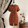Exportgirldress spring and summer new arrival cross-border casual lapel single-breasted tie back waist short-sleeved shirt skirt