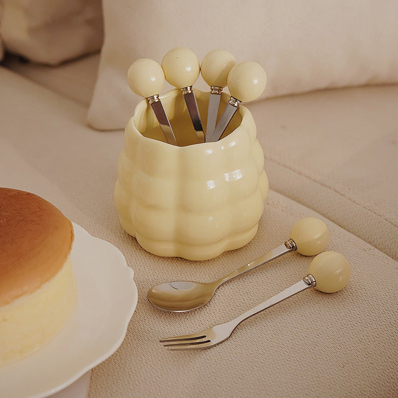 Cream style ceramic fruit fork light luxury set high appearance stainless steel fruit pick home decoration storage tube wholesale