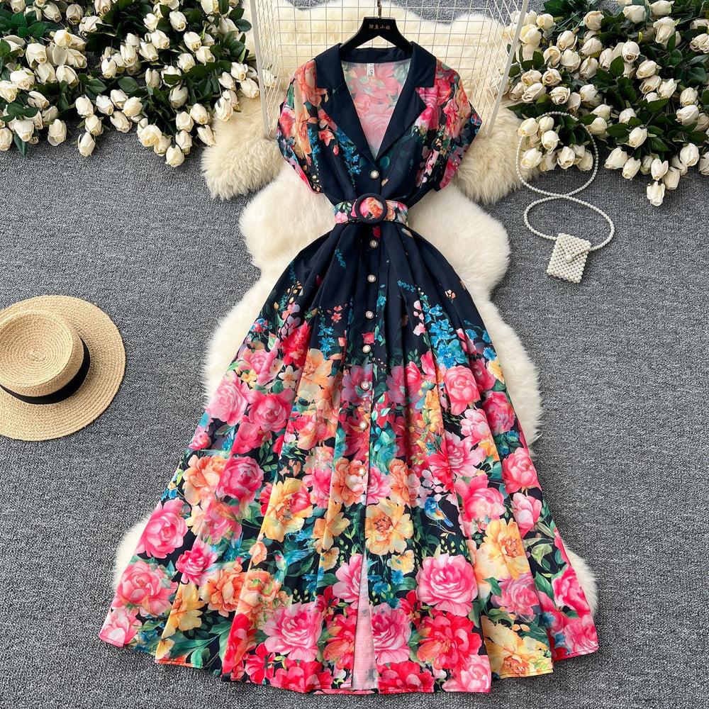 European and american retro dress women's summer new arrival - elegant, figure-flattering, single-breasted, collared, printed midi dress/gown