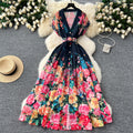 European and american retro dress women's summer new arrival - elegant, figure-flattering, single-breasted, collared, printed midi dress/gown