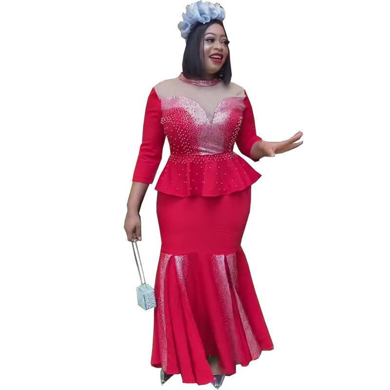 African cross-border sourcing:  new slim-fit, heavily embellished hotfix rhinestone plus-size maxi dress, high-waisted, elegant two-piece set
