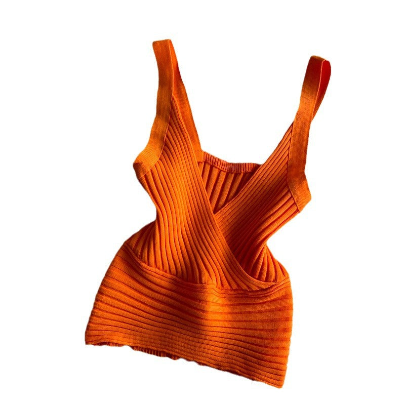 Retro pit knitting vest v neck inner wear pure colorhigh waistbacklessfashion street short silm suspender tops