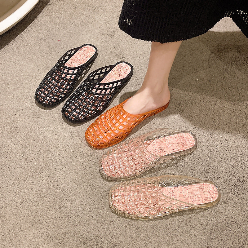 Transparent crystal shoes flats toe-cap half slippers for women outwear2025new arrivalcut out mesh shoes jelly shoes fashion sandals