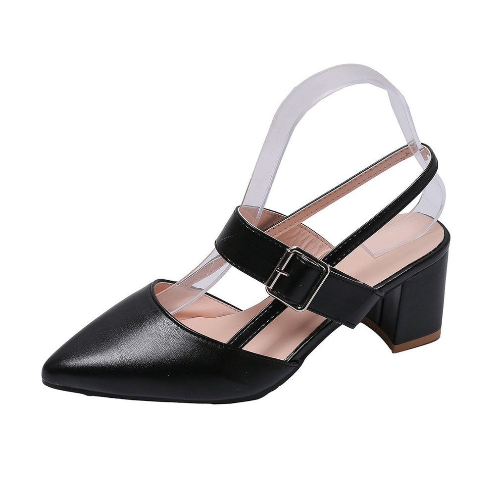 Shallow mouth thick heel high heel flats sandals women's summer 2026 new arrival k-style pointed toe one-word buckle strap roman shoes
