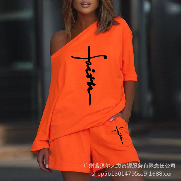ODS1571D new  new letter printing slanted shoulder casual set (2-piece set)
