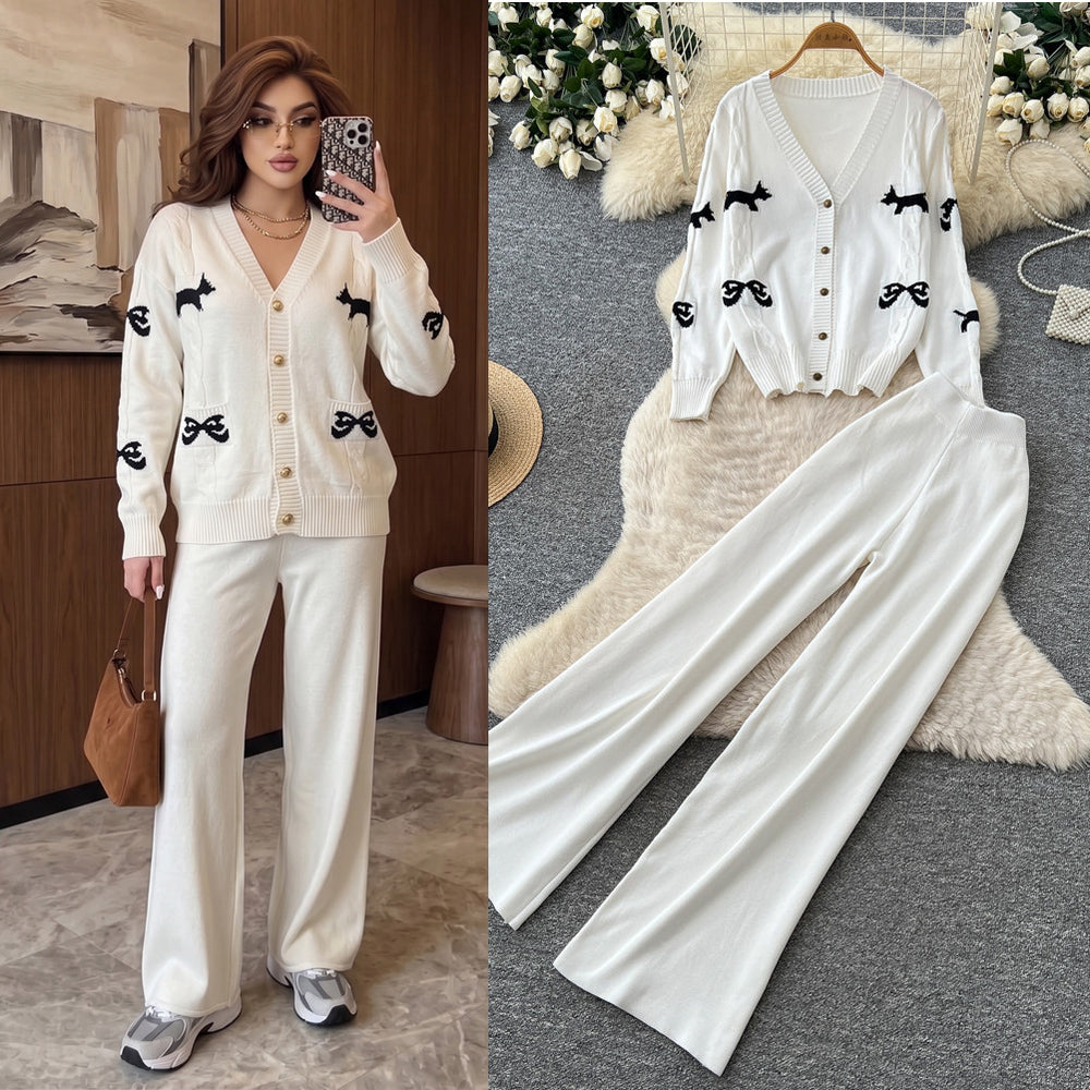 Fashionexportv necksweetcardigantopsloose pantsknittingtwo-piece setfemalefall and winter silmelegantsuit