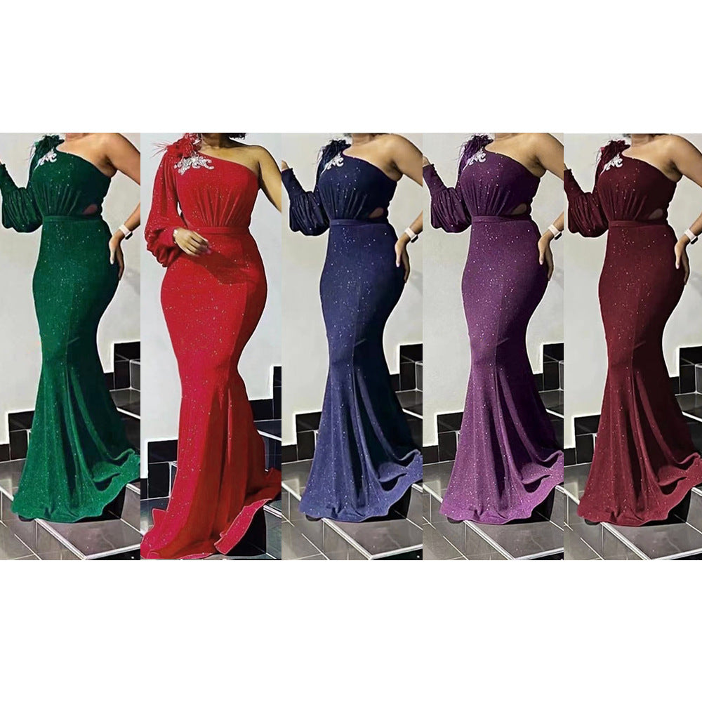 new year's eve bridesmaid dress train evening gown african women's one shoulder long skirt  dress