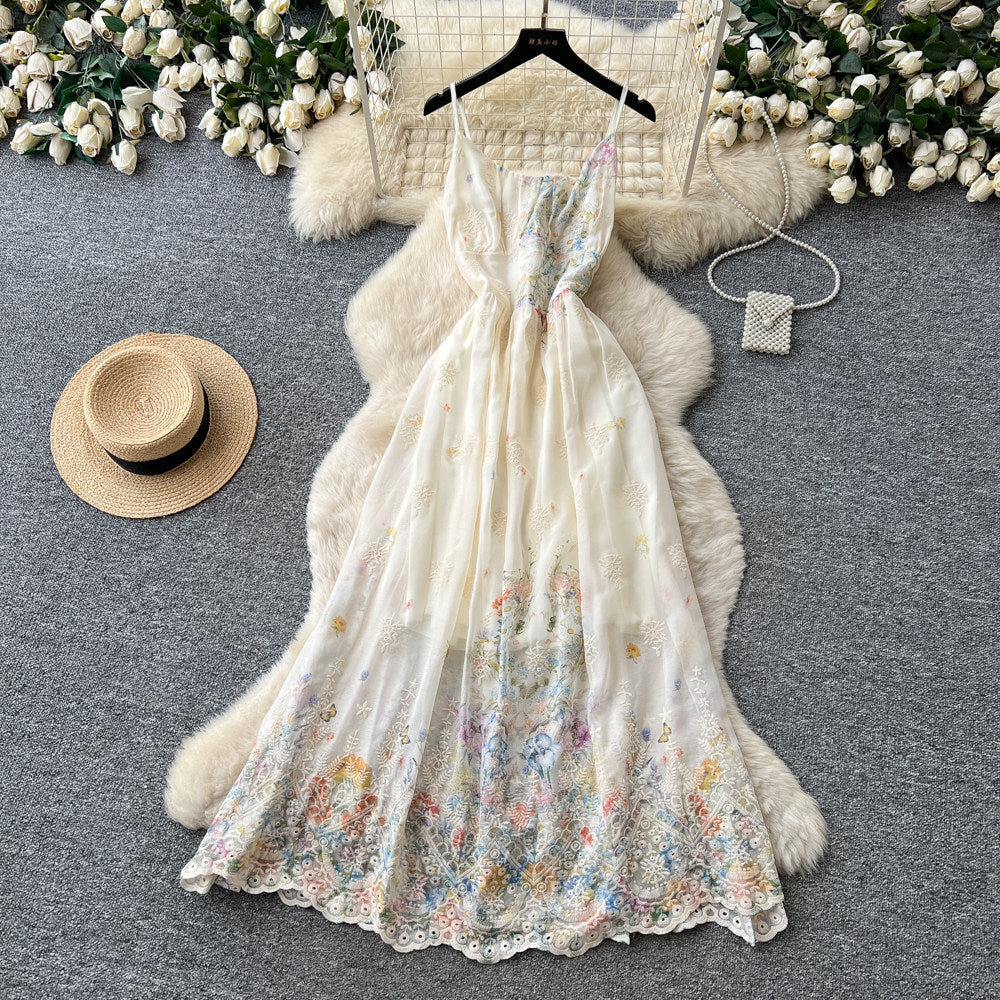 Vacation-style printed cami dress - romantic floral embroidery, korean high-waisted slimming maxi dress for women's summer