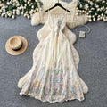 Vacation-style printed cami dress - romantic floral embroidery, korean high-waisted slimming maxi dress for women's summer