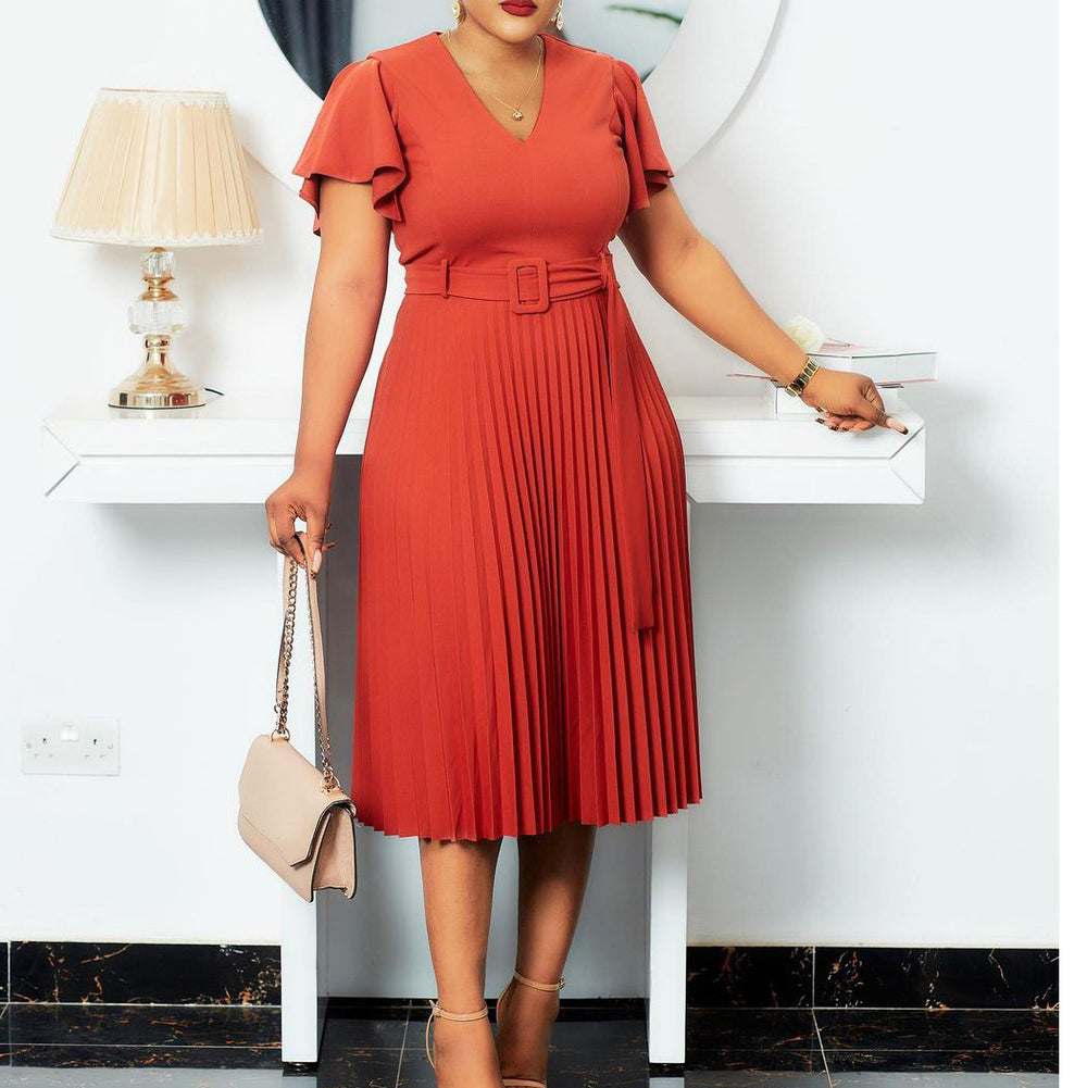 Q006t summer v-neck solid color sexy deep sleeve high waist flared pleated skirt european and american african foreign trade plus size dress