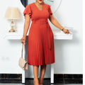 Q006t summer v-neck solid color sexy deep sleeve high waist flared pleated skirt european and american african foreign trade plus size dress