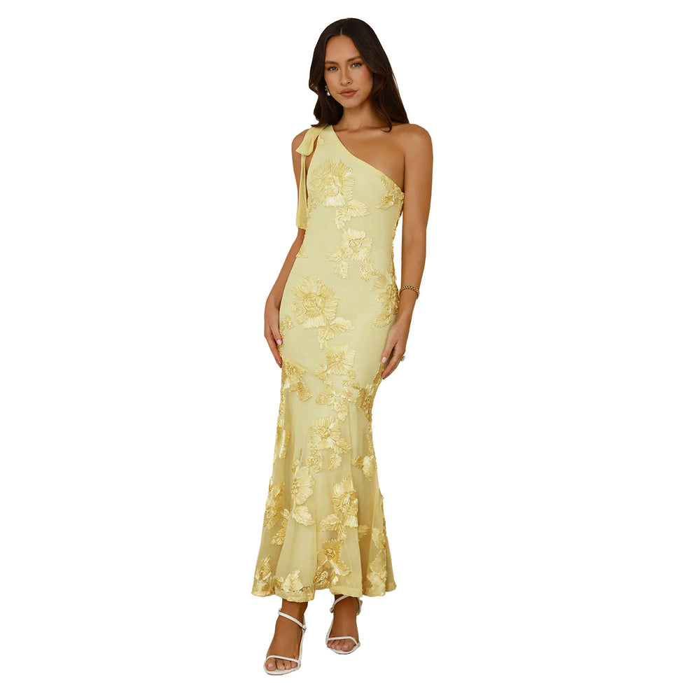 C7747 cross-border   fashion women's summer elegant jacquard one-shoulder banquet dress