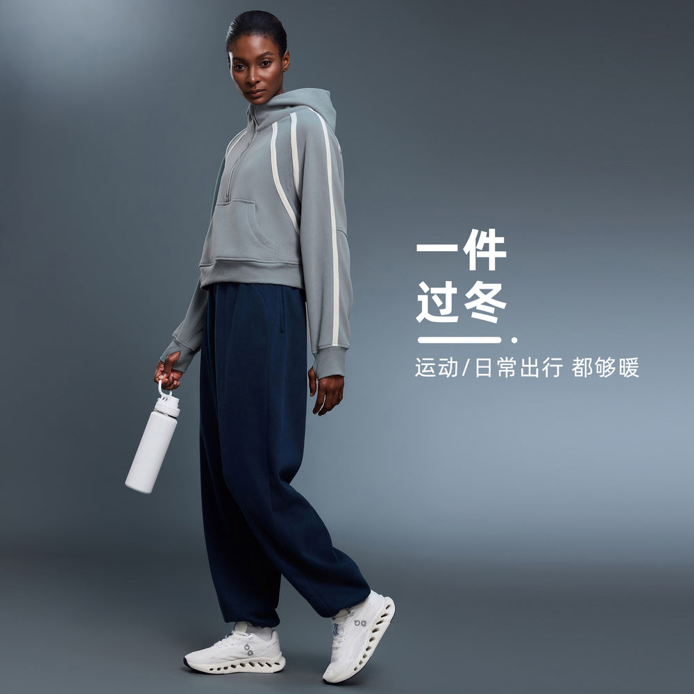 High collar half-zip hooded sweatshirt women's fleece-linedloosecontrast color sports topseasiest for matchcasualoutweard25159