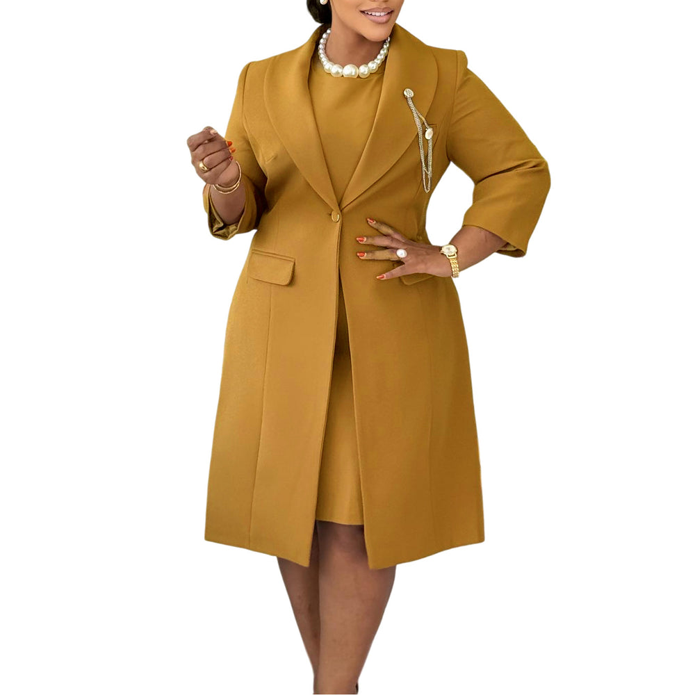 D610 european and american style elegant stretch slim-fit solid color blazer and slip dress two-piece set - african fashion outfit