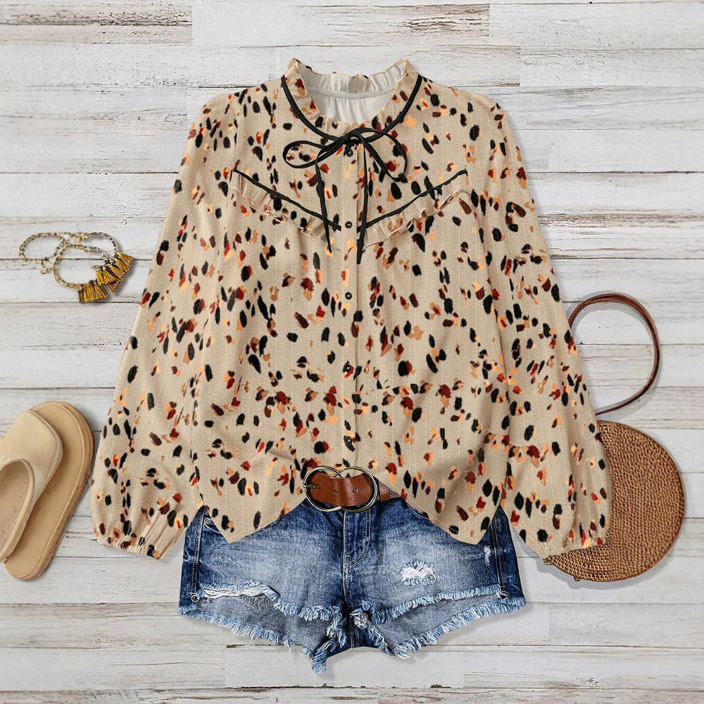 fashionretro spotted shirt, light khaki bottom, colorful leopard print, stand-up collar, ribbon patchwork, lotus leaf looselong sleeves