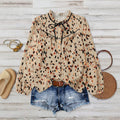 fashionretro spotted shirt, light khaki bottom, colorful leopard print, stand-up collar, ribbon patchwork, lotus leaf looselong sleeves