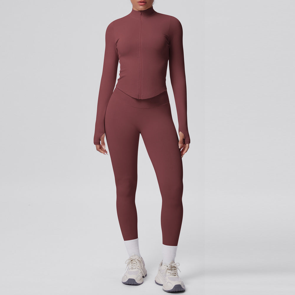 High-waisted, butt-lifting, form-fitting yoga set. solid color, seamless, stand-up collar, longline activewear. perfect for outdoor running and fitness