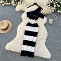 Goddess-style sense of design, slanted shoulders, sleeveless, color-blocked stripesdress, women's pure lusty girl silmknitting long skirt