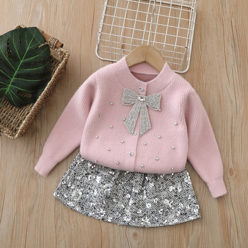 Girlsweater small fragrant style hot diamond bowsknittingcardigangirlnew arrival soft and waxy fall and wintereasiest for matchknittingsuit