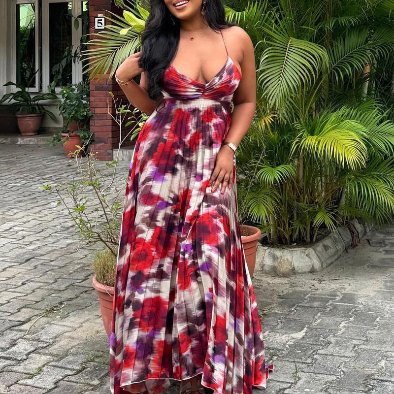 Spot   African printing pleated suspender long dress  European and American large size sexy dress women