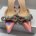 Slip-on laser bow rhinestone high-heeled slippers, stiletto heel, pointed toe, half-slippers, outwearfashion style new arrival