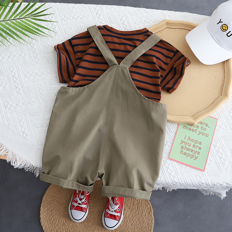 new boys' two-piece set: toddler forest-style striped korean overalls short-sleeve casual outfit - versatile and stylish