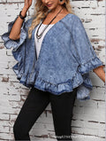 Amazon tiktok pinduoduo foreign trade cross-border fashion women's ruffles sleeve denim cardigan washed outwear