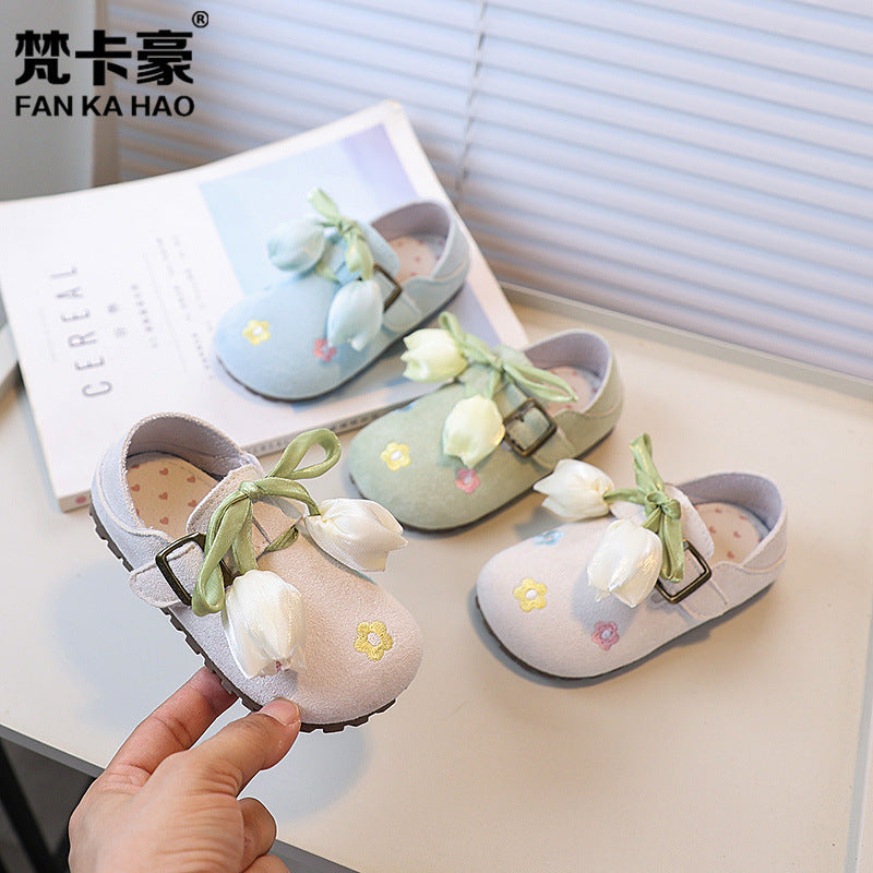 Vancahao kids' french-style leather shoes, new autumn  collection: embroidered princess shoes for girls, vintage student flats