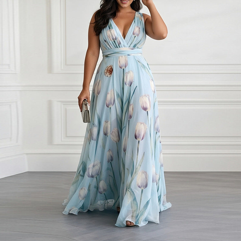 women's summer new arrivals: european and american style cross-border dress - elegant printed, waist-cinching v-neck dress