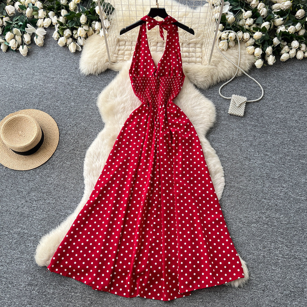 French halter polka dot sexy backless dress women's summer red deep v neck waist elegant vacation style long dress