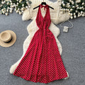French halter polka dot sexy backless dress women's summer red deep v neck waist elegant vacation style long dress