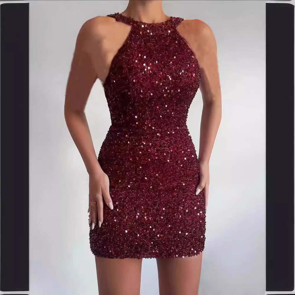 2025 european and american cross-border new fashion halter neck sexy crystal tassel bodycon sequin midi dress evening gown