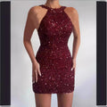 2025 european and american cross-border new fashion halter neck sexy crystal tassel bodycon sequin midi dress evening gown
