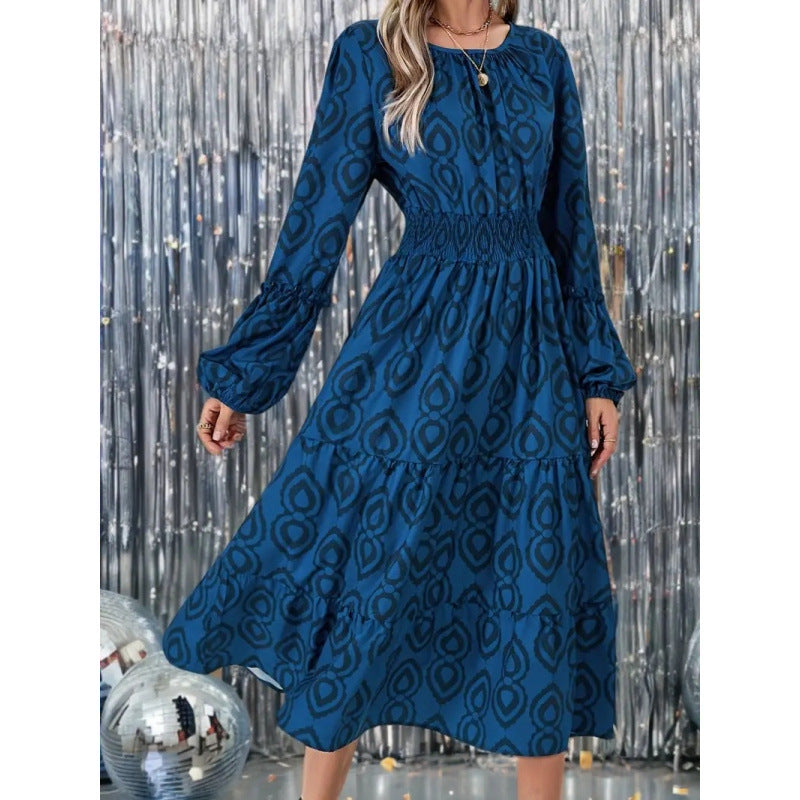 Shipped: european and american export women's clothing -  cross-border fashion geometric print casual long sleeve dress