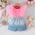 new girls' pink mesh ruffle sleeveless top + gradient rhinestone denim shorts set