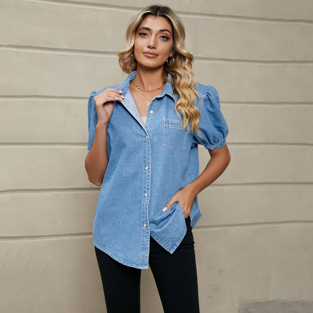 Fashion cross-border export  new arrivaleasiest for match princess sleeve lapel thin denim shirt casualtops trendy women