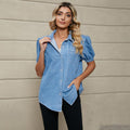 Fashion cross-border export  new arrivaleasiest for match princess sleeve lapel thin denim shirt casualtops trendy women