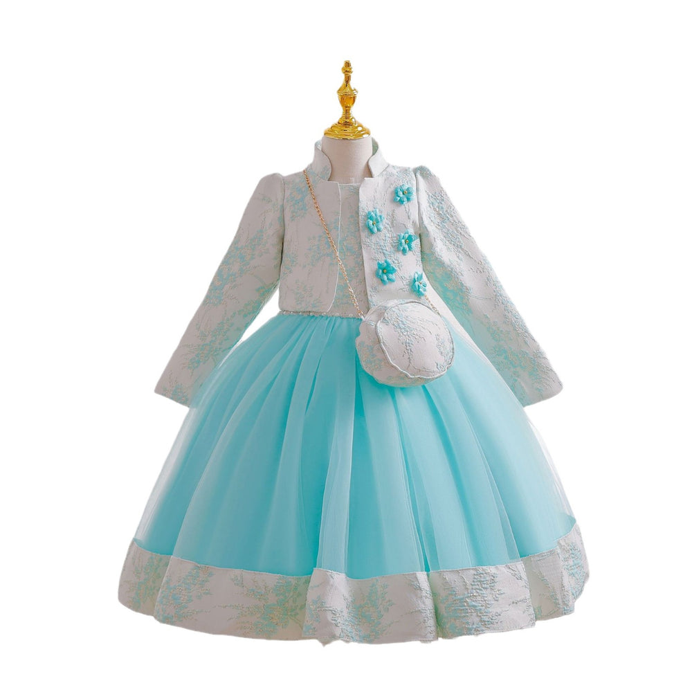 New children's formal wear set: gold thread wedding dress three-piece princess outfit for girls, perfect for piano recitals and special occasions
