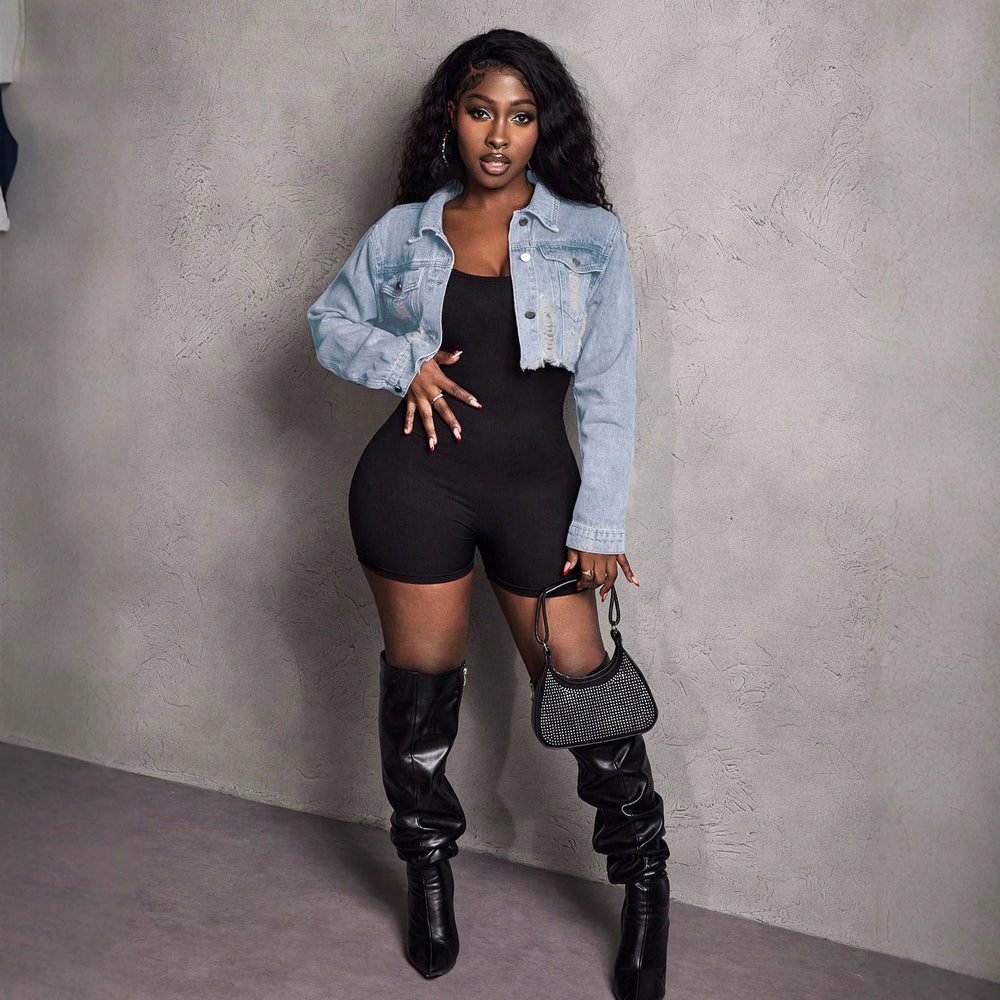 Fashion distressed ripped raw edge short denim outwear women's lapel single breasted navel exposed short jacket hot girl street