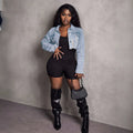 Fashion distressed ripped raw edge short denim outwear women's lapel single breasted navel exposed short jacket hot girl street