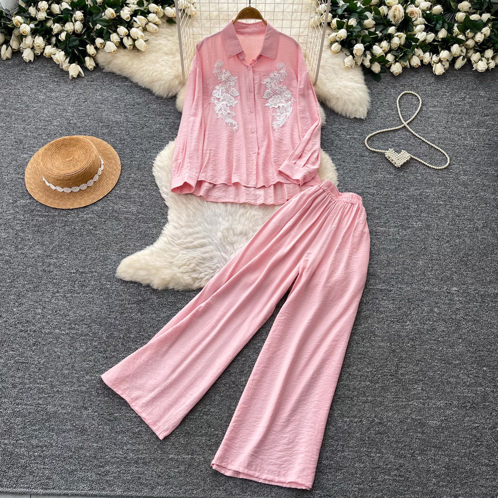 Lazy style pink embroidersequinshirtloose pantstwo-piece set female autumwork clothingslimming lookelegantfashionsuit