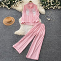 Lazy style pink embroidersequinshirtloose pantstwo-piece set female autumwork clothingslimming lookelegantfashionsuit