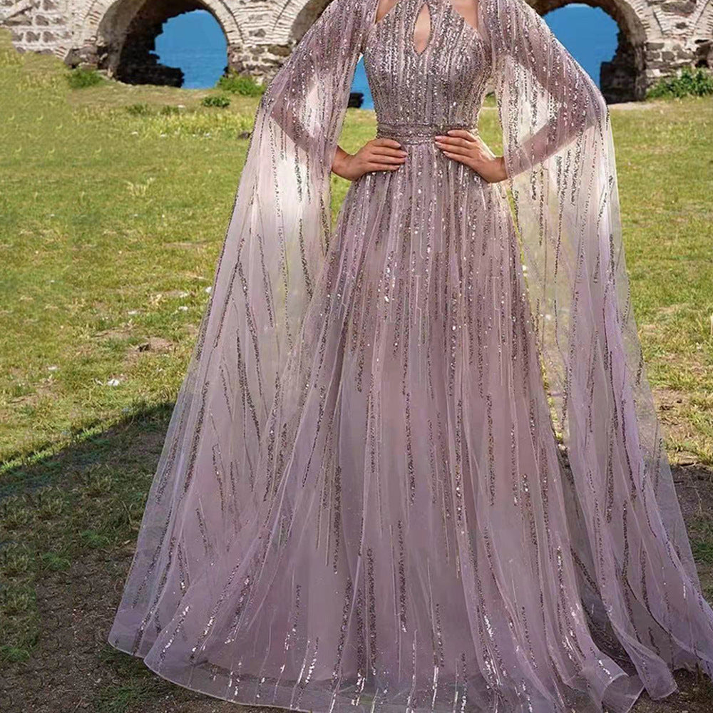 new spring/summer cross-border fashion: european and american style elegant mesh maxi dress with tassel and sequin evening gown