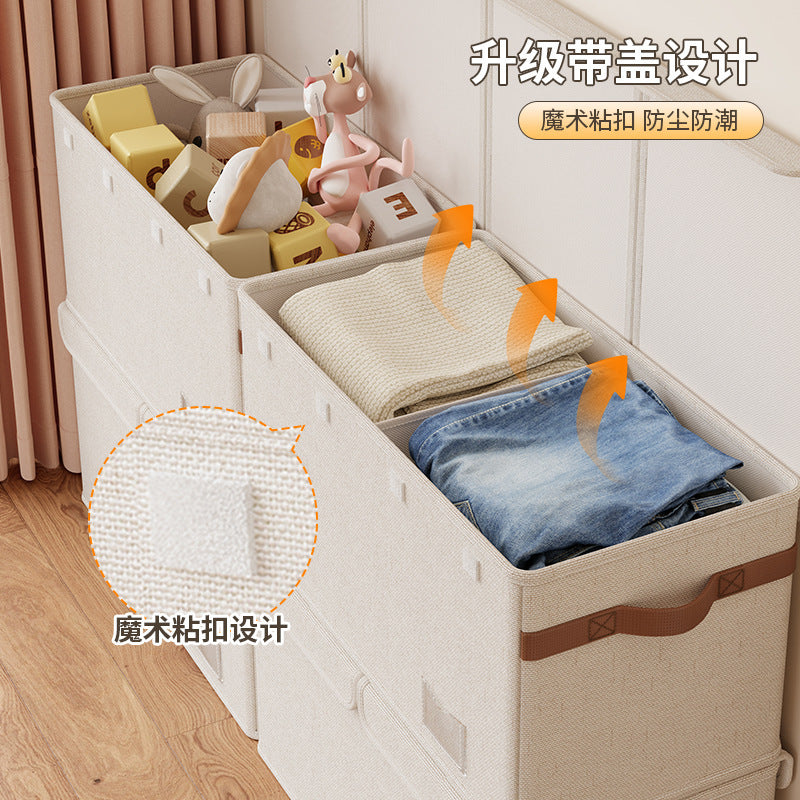 Cotton and linen grid double cover storage box, clothes storage box, household flip cover storage box, oversized toy sorting storage box