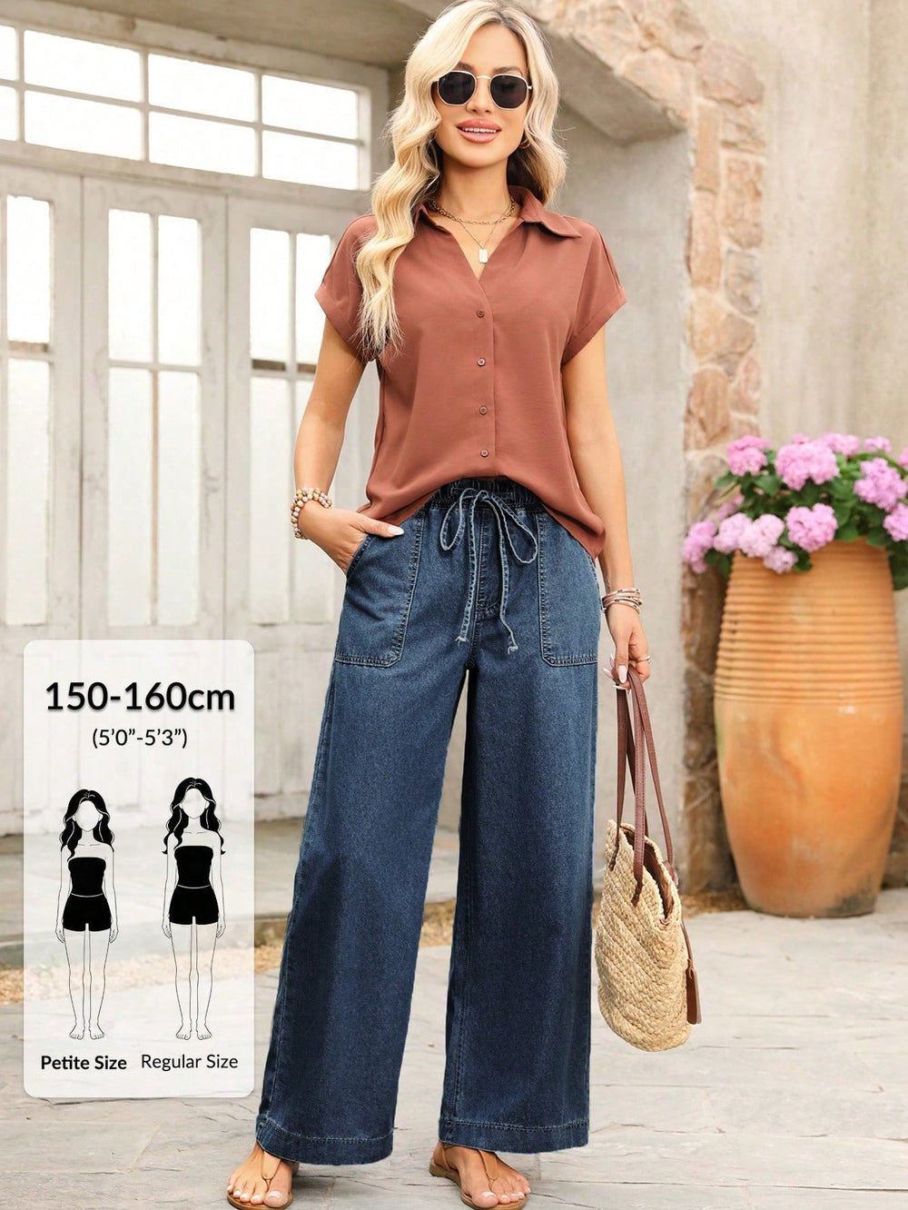 European and american style women's dark blue washed drawstring waist wide leg jeans - casual, oversized, with large patch pockets