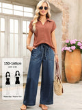 European and american style women's dark blue washed drawstring waist wide leg jeans - casual, oversized, with large patch pockets