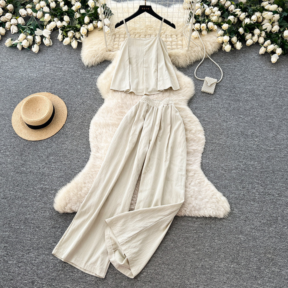Minimalist cami top & wide-leg pants set - women's summer sleeveless chic outfit - effortless & sophisticated workwear